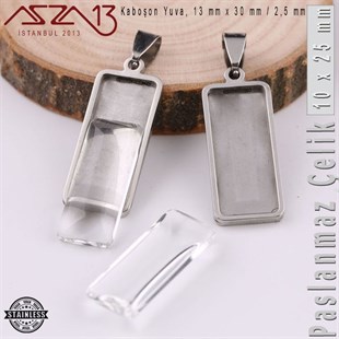 316L Çelik - 13x30 mm Kolye Klipsli - Şeffaf Kaboşon Cam Taş ve Yuva / 1 Adet