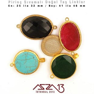 Altın Kaplama - Değişken Ölçülerde - Çift Kulplu - Doğal Taşlı Ara Malzeme / 1 Adet