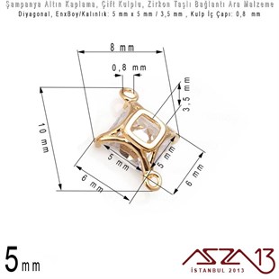 Şampanya Renk Altın Kaplama - 5 ve 6 mm Çift Kulplu - Zirkon Taşlı Ara Malzeme / 1 Adet