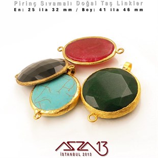 Altın Kaplama - Değişken Ölçülerde - Çift Kulplu - Doğal Taşlı Ara Malzeme / 1 Adet