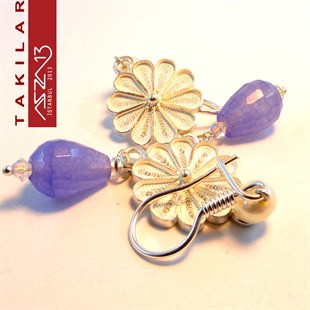 Eflatun Damla Kristal Taşlı, İncili 925 Gümüş Telkari Küpe