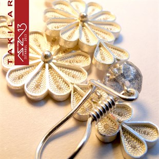 Kalp Figürlü, Mavi Kristal Taşlı 925 Gümüş Telkari Küpe