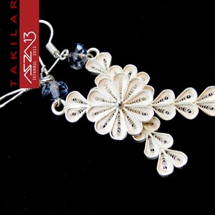 Kalp Figürlü, Mavi Kristal Taşlı 925 Gümüş Telkari Küpe