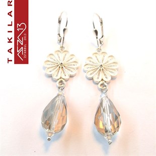 Şeffaf Damla Kristal Taşlı, 925 Gümüş Telkari Küpe