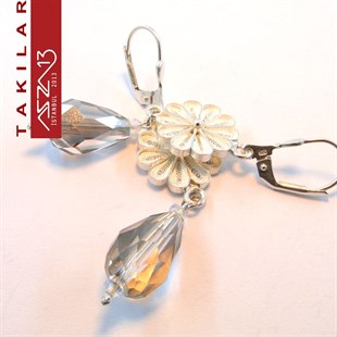 Şeffaf Damla Kristal Taşlı, 925 Gümüş Telkari Küpe