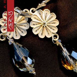 Şeffaf Damla Kristal Taşlı, 925 Gümüş Telkari Küpe