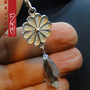 Şeffaf Damla Kristal Taşlı, 925 Gümüş Telkari Küpe