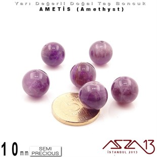 10 mm - Yuvarlak - Düz Yüzey - Ametis (Amethyst) / 7 Adet