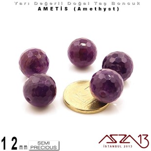 12 mm - Yuvarlak - Geodezik Yüzey - Ametis (Amethyst) / 5 Adet