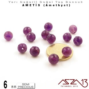 6 mm - Yuvarlak - Geodezik Yüzey - Ametis (Amethyst) / 13 Adet