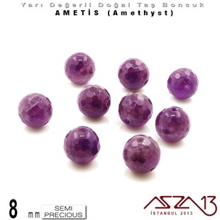8 mm - Yuvarlak - Geodezik Yüzey - Ametis (Amethyst) / 9 Adet