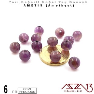 6 mm - Yuvarlak - Düz Yüzey - Ametis (Amethyst) / 13 Adet