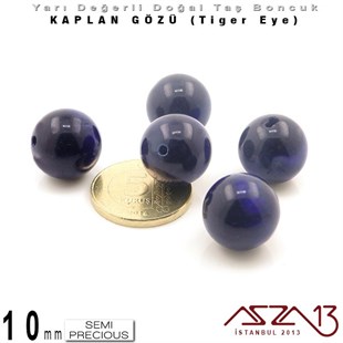 10 mm - Yuvarlak - K. Mavi, Düz Yüzey - Kaplan Gözü (Tiger Eye) / 7 Adet