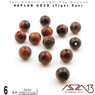 6 mm - Yuvarlak - Kızıl, Düz Yüzey - Kaplan Gözü (Tiger Eye) / 13 Adet
