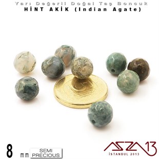 8 mm - Yuvarlak - Geodezik Yüzey - Hint Akik (Indian Agate) / 9 Adet