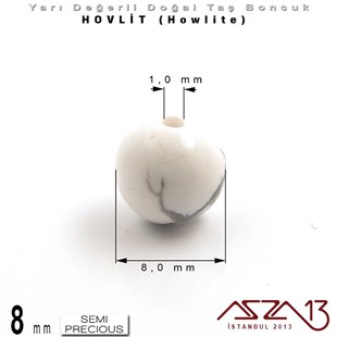 8 mm - Yuvarlak - Düz Yüzey - Beyaz Hovlit (Howlite) / 9 Adet