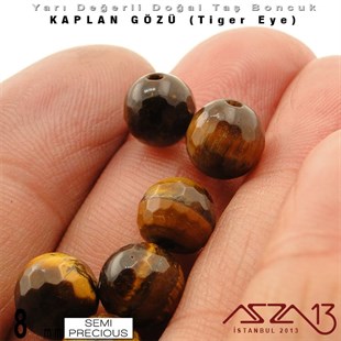 8 mm - Yuvarlak - Kahve, Geodezik Yüzey - Kaplan Gözü (Tiger Eye) / 9 Adet