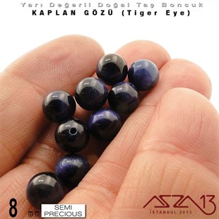 8 mm - Yuvarlak - K. Mavi, Düz Yüzey - Kaplan Gözü (Tiger Eye) / 9 Adet