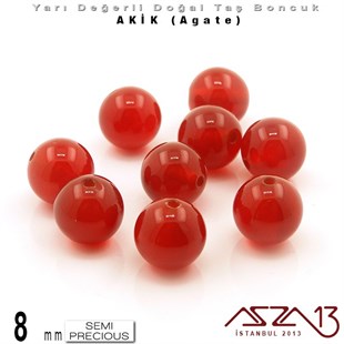 8 mm - Yuvarlak - Düz Yüzey - Akik (Agate) / 9 Adet