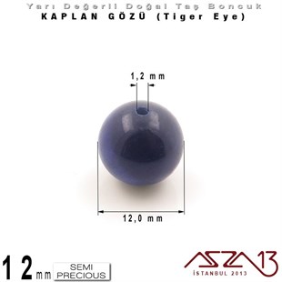 12 mm - Yuvarlak - K. Mavi, Düz Yüzey - Kaplan Gözü (Tiger Eye) / 5 Adet