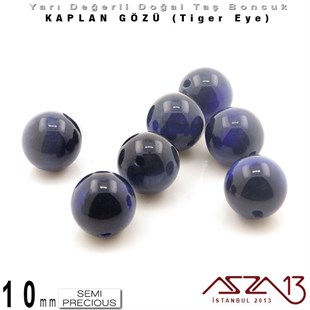 10 mm - Yuvarlak - K. Mavi, Düz Yüzey - Kaplan Gözü (Tiger Eye) / 7 Adet