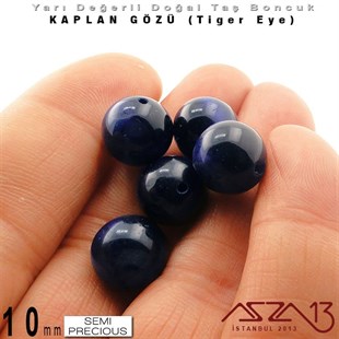 10 mm - Yuvarlak - K. Mavi, Düz Yüzey - Kaplan Gözü (Tiger Eye) / 7 Adet