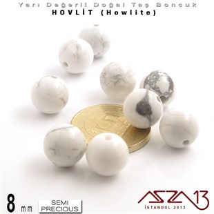 8 mm - Yuvarlak - Düz Yüzey - Beyaz Hovlit (Howlite) / 9 Adet