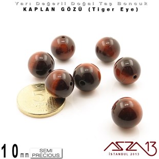 10 mm - Yuvarlak - Kızıl, Düz Yüzey - Kaplan Gözü (Tiger Eye) / 7 Adet