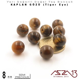 8 mm - Yuvarlak - Kahve, Düz Yüzey - Kaplan Gözü (Tiger Eye) / 9 Adet