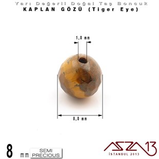8 mm - Yuvarlak - Kahve, Geodezik Yüzey - Kaplan Gözü (Tiger Eye) / 9 Adet