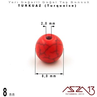 8 mm - Yuvarlak - Düz Yüzey - Kırmızı Turkuaz (Turquoise) / 30 Adet