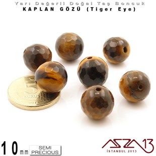 10 mm - Yuvarlak - Kahve, Geodezik Yüzey - Kaplan Gözü (Tiger Eye) / 7 Adet