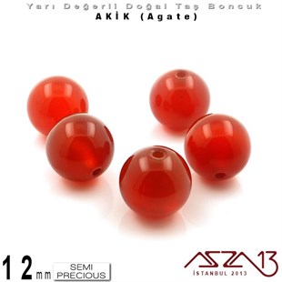 12 mm - Yuvarlak - Düz Yüzey - Akik (Agate) / 5 Adet
