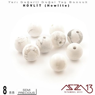 8 mm - Yuvarlak - Düz Yüzey - Beyaz Hovlit (Howlite) / 9 Adet