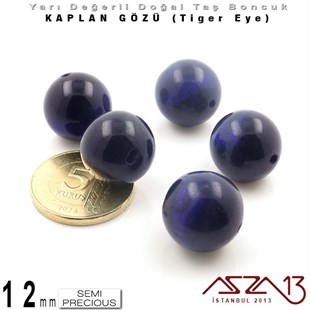 12 mm - Yuvarlak - K. Mavi, Düz Yüzey - Kaplan Gözü (Tiger Eye) / 5 Adet