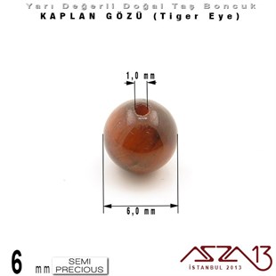 6 mm - Yuvarlak - Kızıl, Düz Yüzey - Kaplan Gözü (Tiger Eye) / 13 Adet