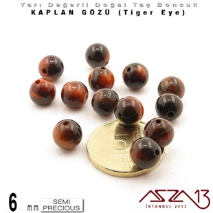 6 mm - Yuvarlak - Kızıl, Düz Yüzey - Kaplan Gözü (Tiger Eye) / 13 Adet