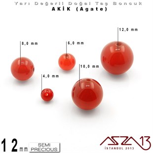 12 mm - Yuvarlak - Düz Yüzey - Akik (Agate) / 5 Adet