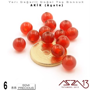 6 mm - Yuvarlak - Düz Yüzey - Akik (Agate) / 13 Adet