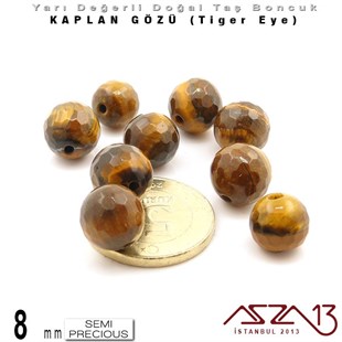 8 mm - Yuvarlak - Kahve, Geodezik Yüzey - Kaplan Gözü (Tiger Eye) / 9 Adet