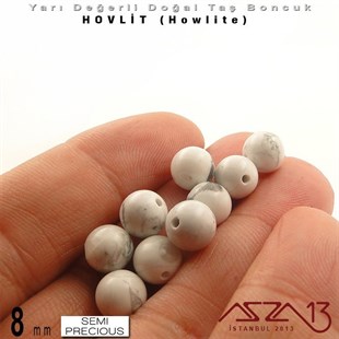 8 mm - Yuvarlak - Düz Yüzey - Beyaz Hovlit (Howlite) / 9 Adet