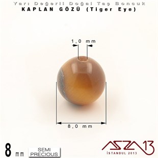 8 mm - Yuvarlak - Kahve, Düz Yüzey - Kaplan Gözü (Tiger Eye) / 9 Adet