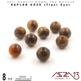 8 mm - Yuvarlak - Kahve, Düz Yüzey - Kaplan Gözü (Tiger Eye) / 9 Adet