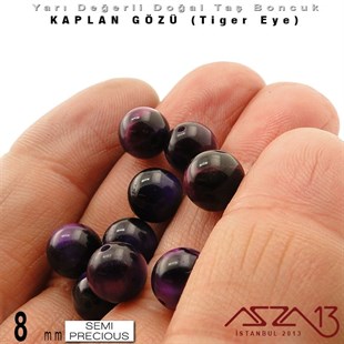 8 mm - Yuvarlak - Mor, Düz Yüzey - Kaplan Gözü (Tiger Eye) / 9 Adet