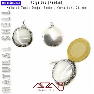 Kristal Taş ve Gümüş Yuvalı Sedef Taş, Yuvarlak Kolye Ucu / Paket İçeriği 1 Adet
