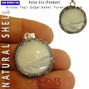 Kristal Taş ve Gümüş Yuvalı Sedef Taş, Yuvarlak Kolye Ucu / Paket İçeriği 1 Adet