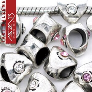 Antik Gümüş Kaplamalı 10x9 mm Şeffaf Kristal Taşlı Charm Kalp Boncuk / Paket İçeriği 1 Adet