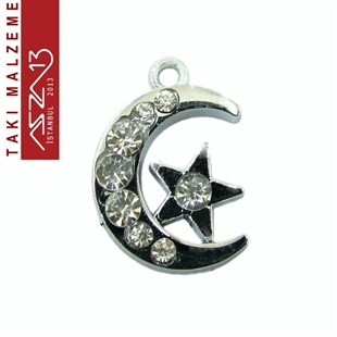 Rodyum Kaplamalı 20x14 mm Kristal Taşlı Ay Yıldız Kolye Ucu / Paket İçeriği 1 Adet