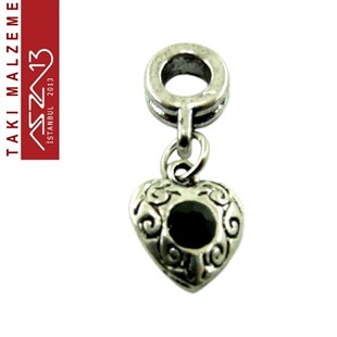 Antik Gümüş Kaplamalı 24x10 mm Zamak, Jet Kristal Taşlı Klipsli Sallantı Ara Malzeme / Paket İçeriği 1 Adet