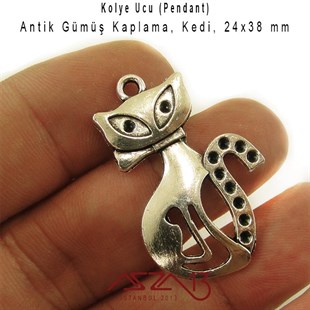 Antik Gümüş, 24x38 mm Kedi  Kolye Ucu / Paket İçeriği 1 Adet